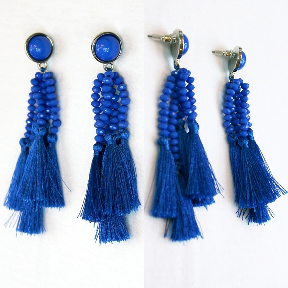Blue Stone & Beaded Tassel Drop Earrings NWT - Picture 3 of 5